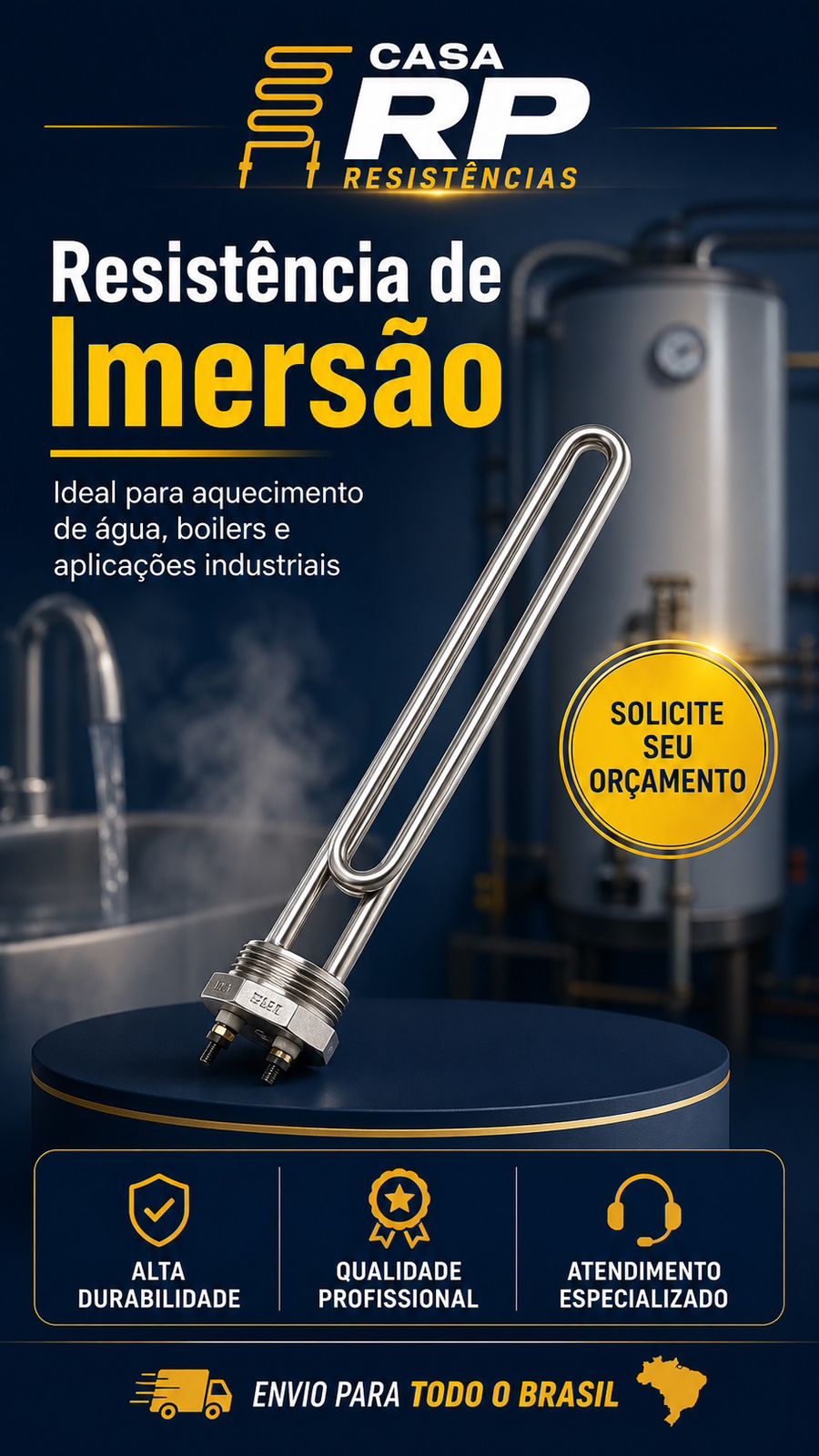 Resistência de imersão para boilers e aquecimento de água